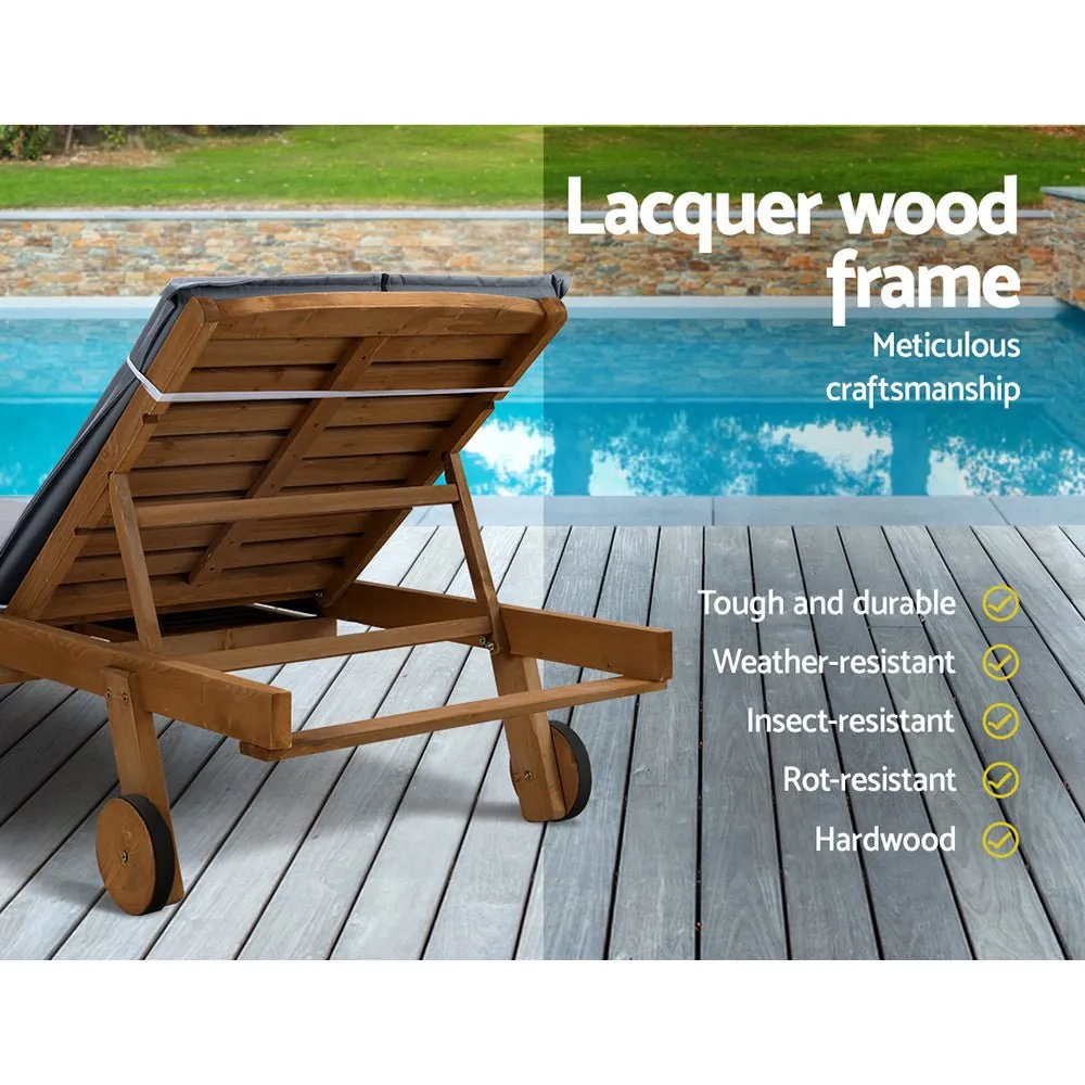 Set of 2 Wooden Sun Loungers Wheel Patio Grey