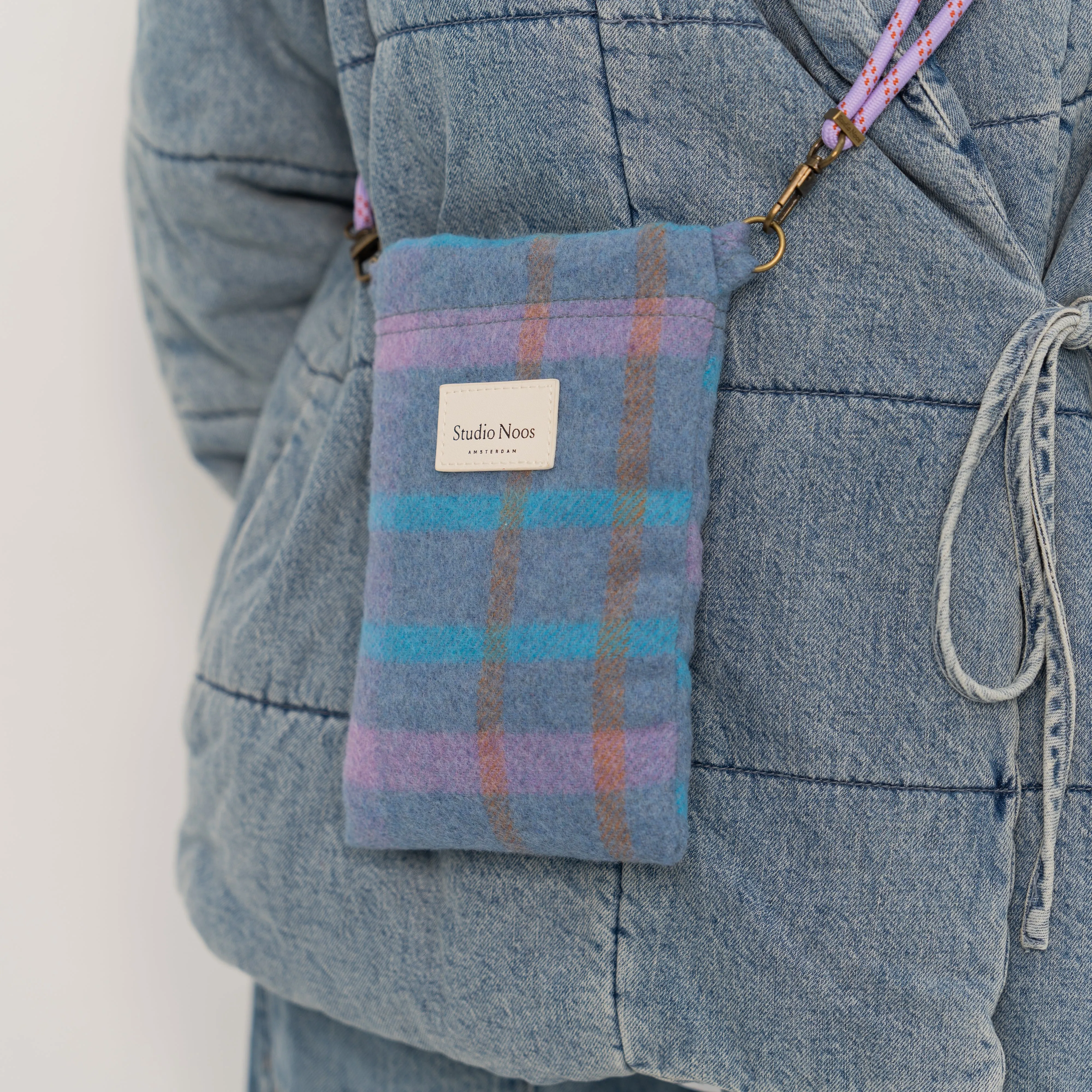 Sky Blue Wool Checked Phone Bag