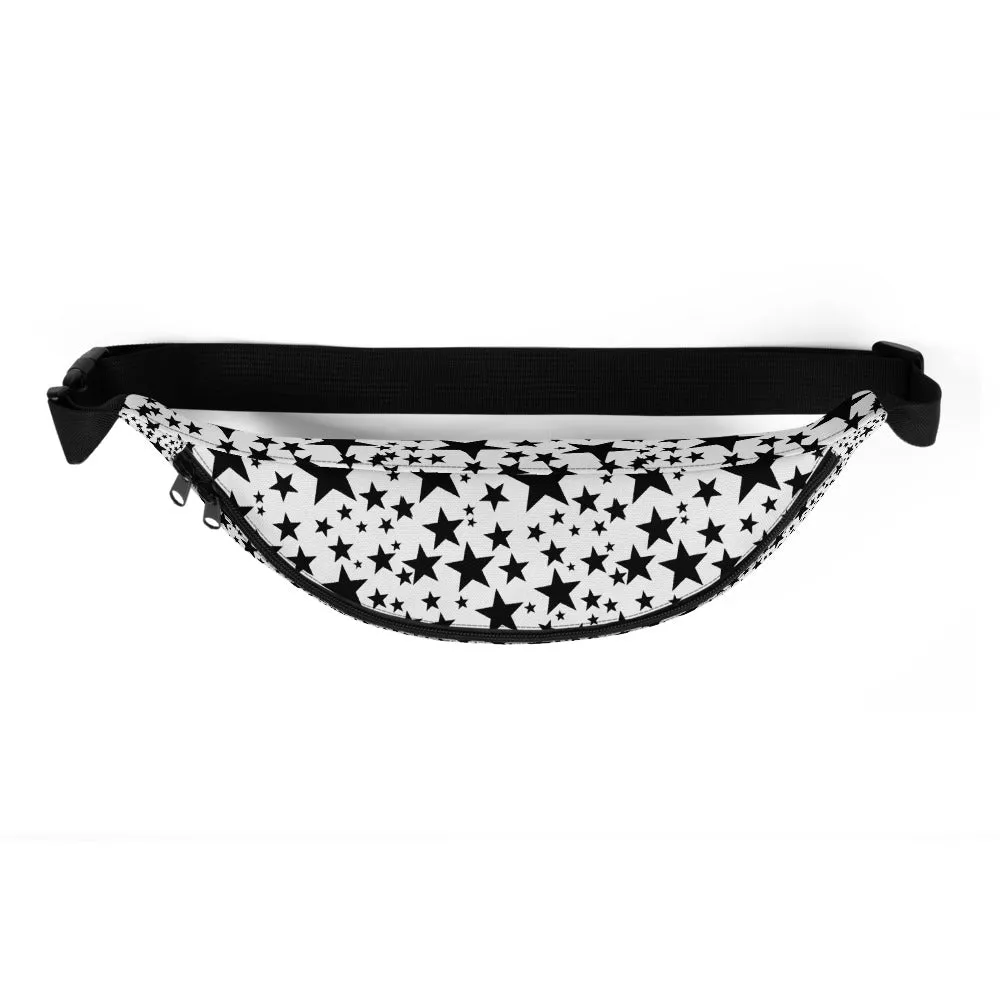 Star Fanny Pack, White Black Rock Star Pattern Print Unisex Designer Fanny Pack Waist Bag-Made in USA/EU