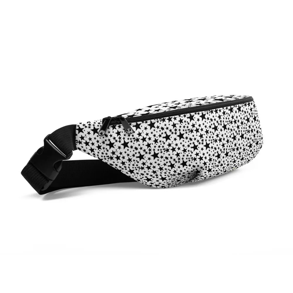 Star Fanny Pack, White Black Rock Star Pattern Print Unisex Designer Fanny Pack Waist Bag-Made in USA/EU