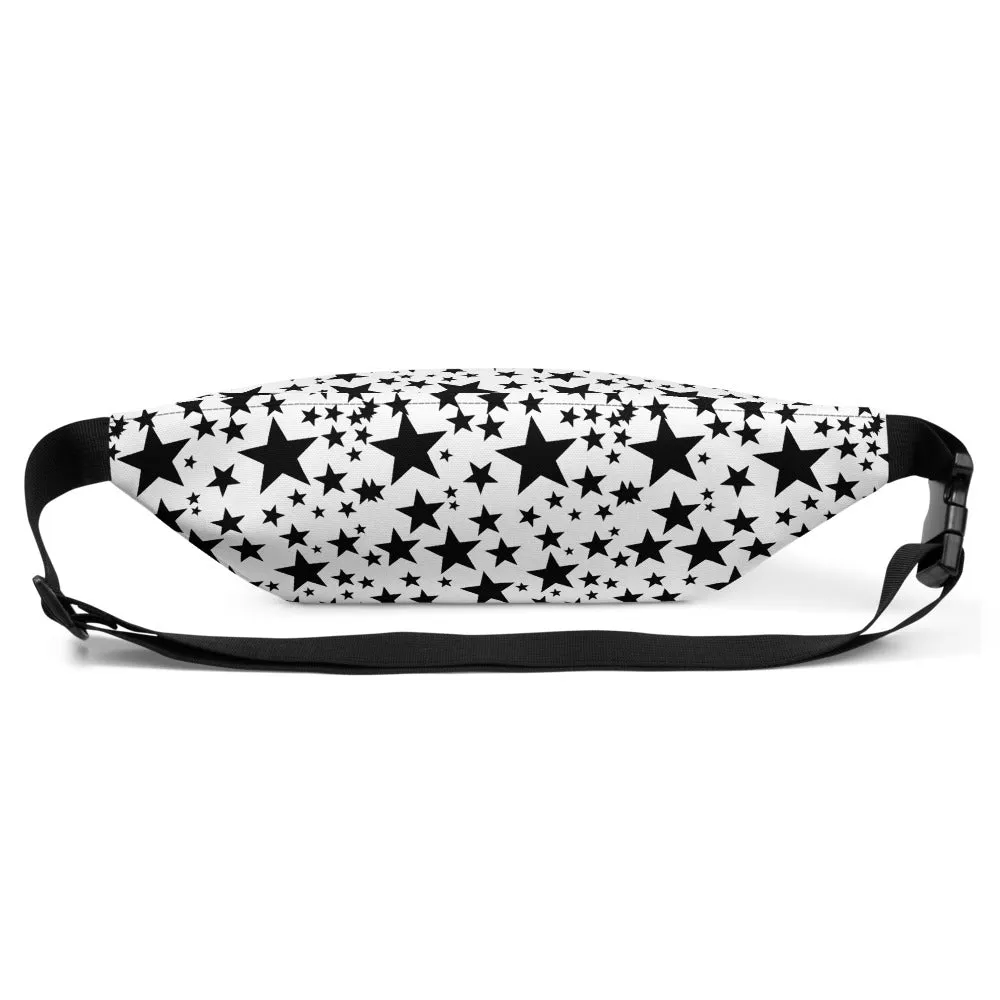 Star Fanny Pack, White Black Rock Star Pattern Print Unisex Designer Fanny Pack Waist Bag-Made in USA/EU