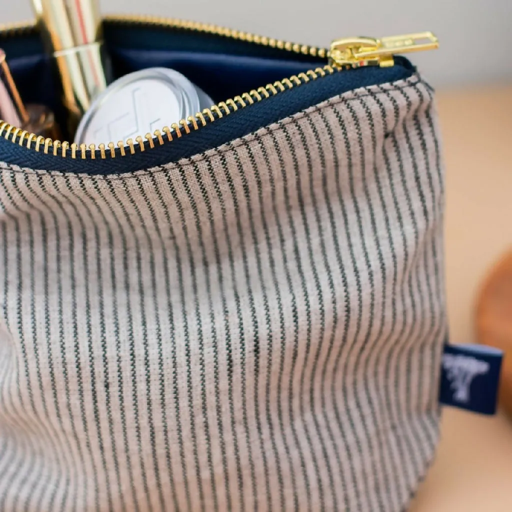 Striped Blue/Natural Linen MakeUp Bag