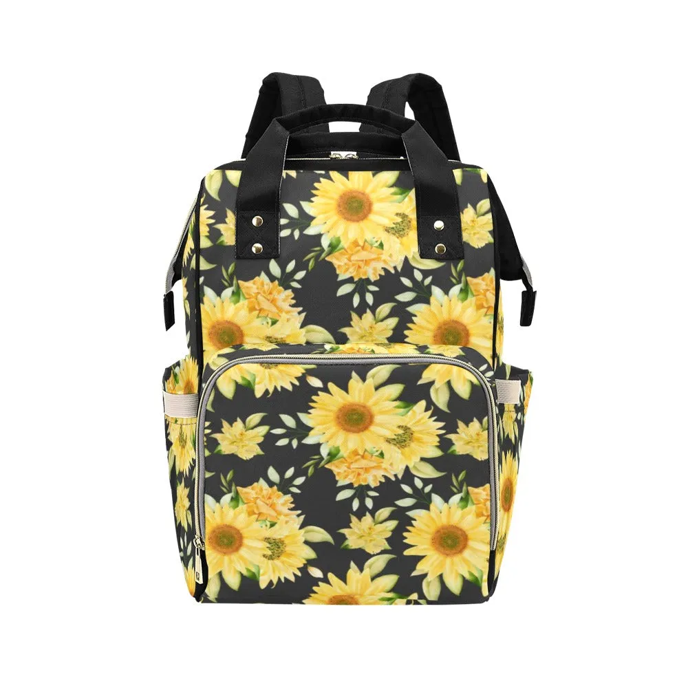 Sunflower Diaper Bag Backpack, Yellow Flowers Baby Boy Girl Waterproof Insulated Pockets Stylish Mom Dad Designer Men Women Multipurpose