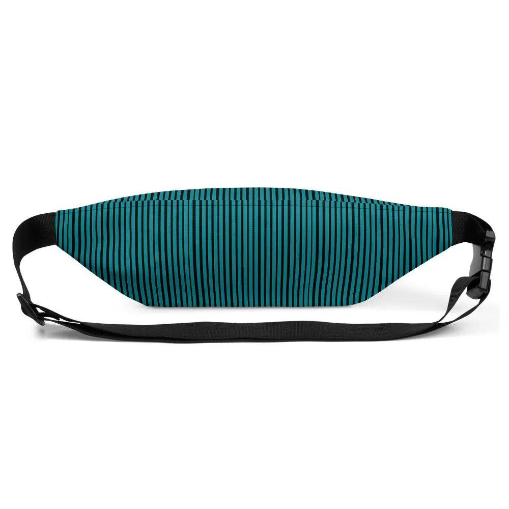 Teal Blue Fanny Pack, Black Stripe Print Designer Fanny Pack Festival Belt Waist Bag- Made in USA/EU