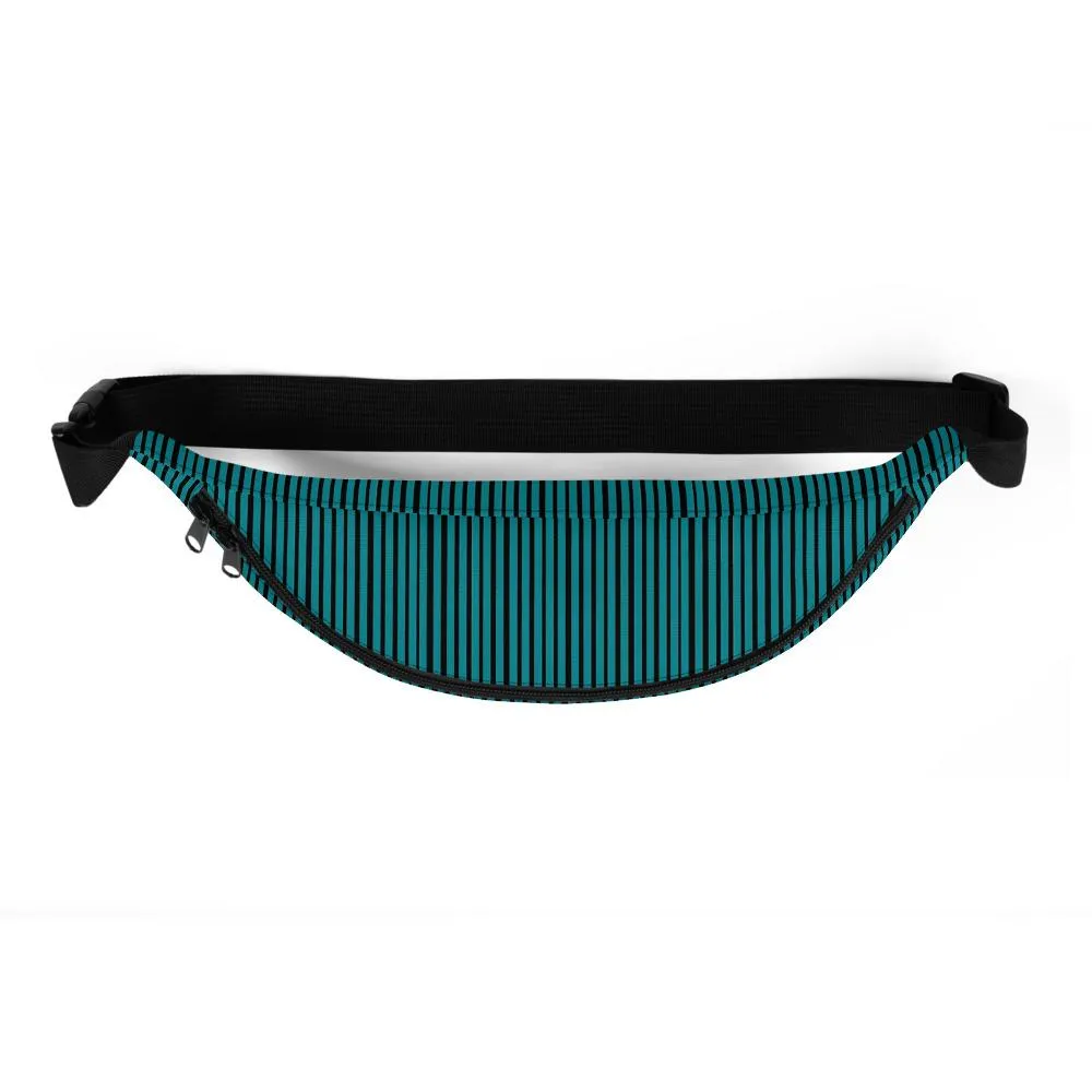 Teal Blue Fanny Pack, Black Stripe Print Designer Fanny Pack Festival Belt Waist Bag- Made in USA/EU