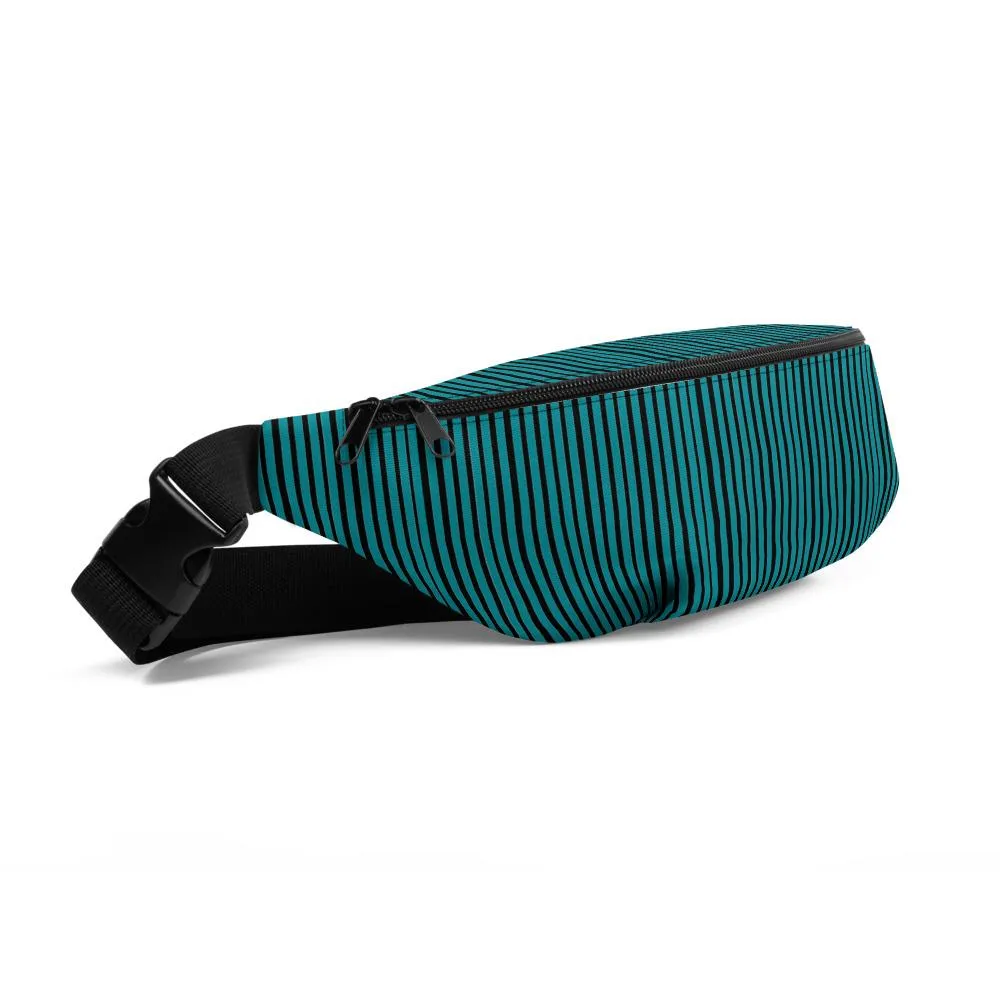 Teal Blue Fanny Pack, Black Stripe Print Designer Fanny Pack Festival Belt Waist Bag- Made in USA/EU