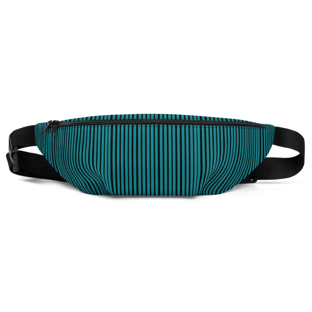 Teal Blue Fanny Pack, Black Stripe Print Designer Fanny Pack Festival Belt Waist Bag- Made in USA/EU