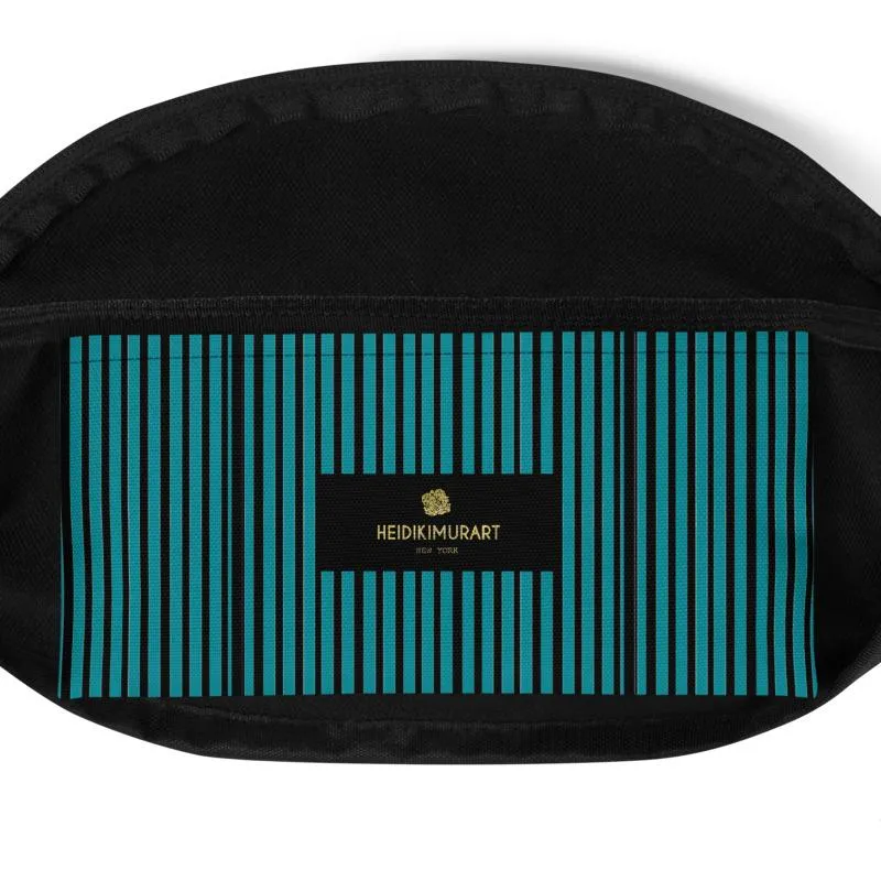 Teal Blue Fanny Pack, Black Stripe Print Designer Fanny Pack Festival Belt Waist Bag- Made in USA/EU