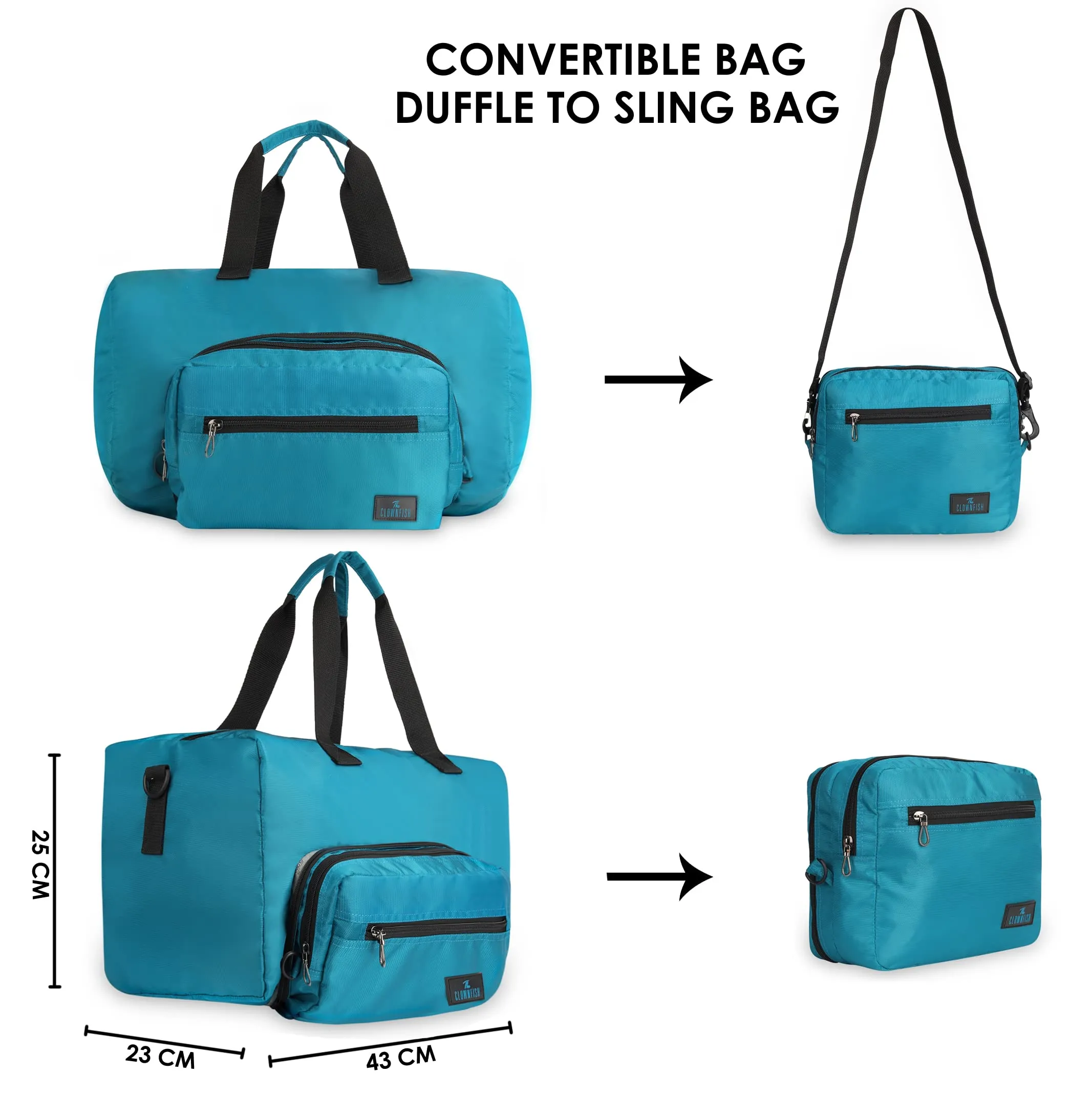 The Clownfish Rebecca Series 25 litres Polyester Convertible Travel Duffle Bag Weekender Bag Crossbody Sling Bag (Turquiose Blue)