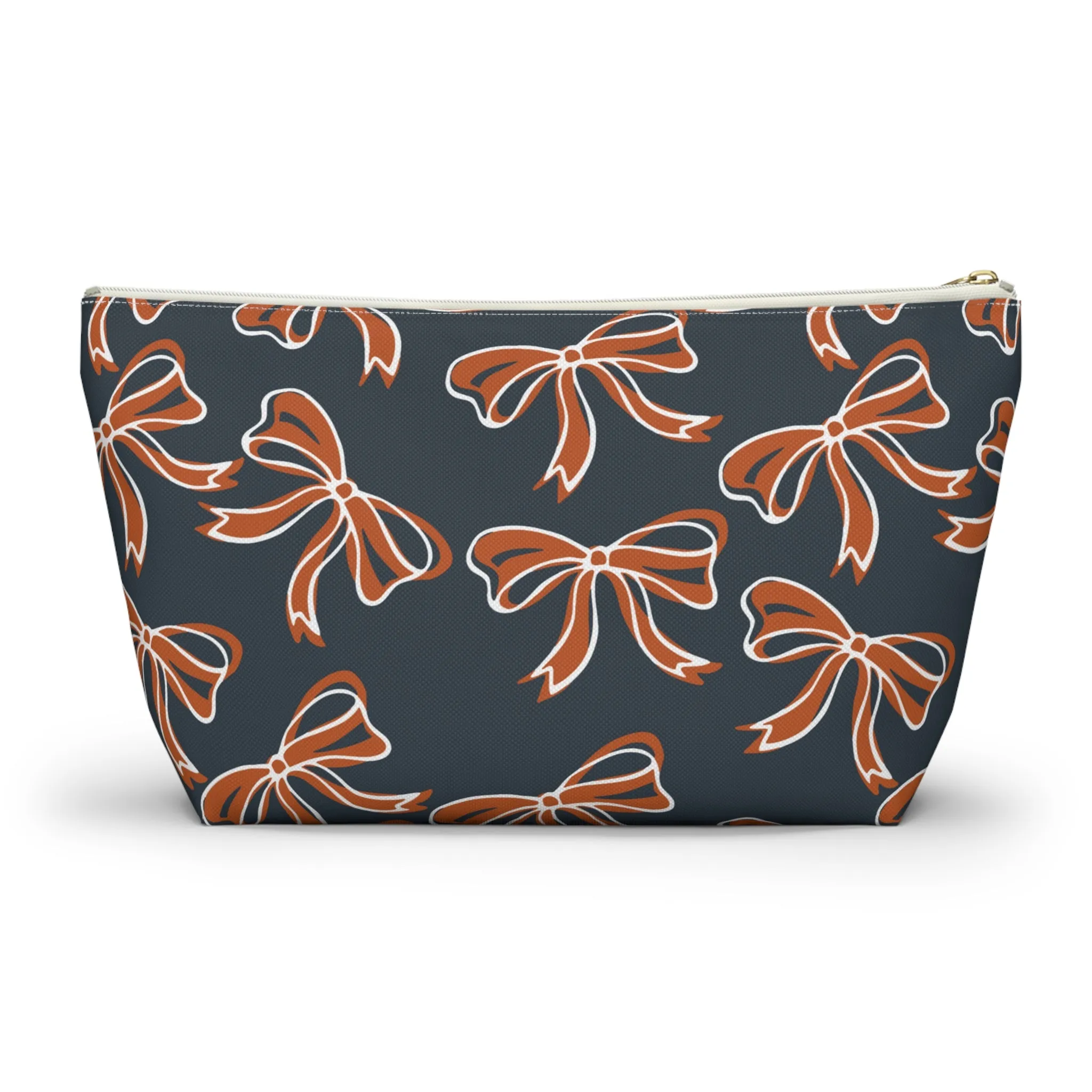 Trendy Bow Makeup Bag - Graduation Gift, Bed Party Gift, Acceptance Gift, College Gift, Texas, Burnt Orange and White