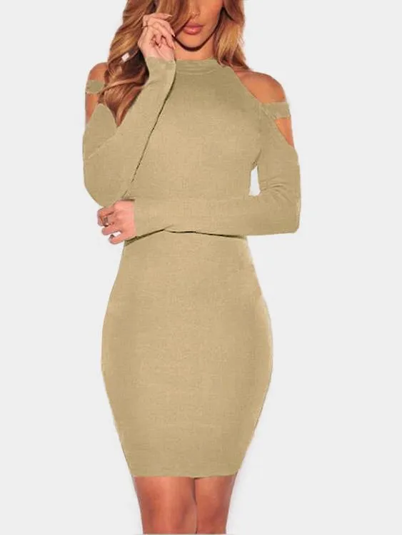 Wholesale Apricot Round Neck Cold Shoulder Long Sleeve Plain Mini Dress