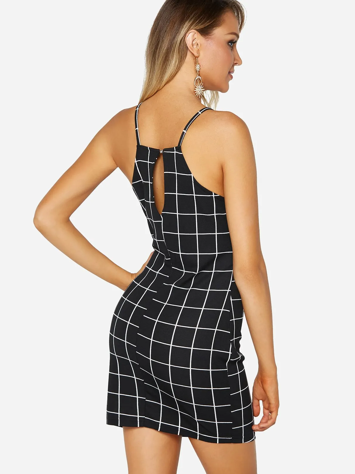 Wholesale Black Halter Sleeveless Grid Spaghetti Strap Irregular Hem Mini Dress