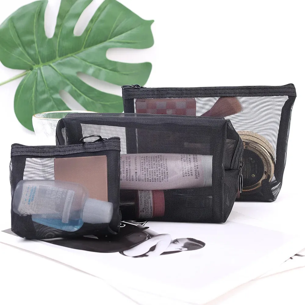 Wholesale Black Mesh Toiletry Bags Travel Makeup Bag Small Large Case Organizer Cosmetic Cases Toiletries Storage Handbag Pouch