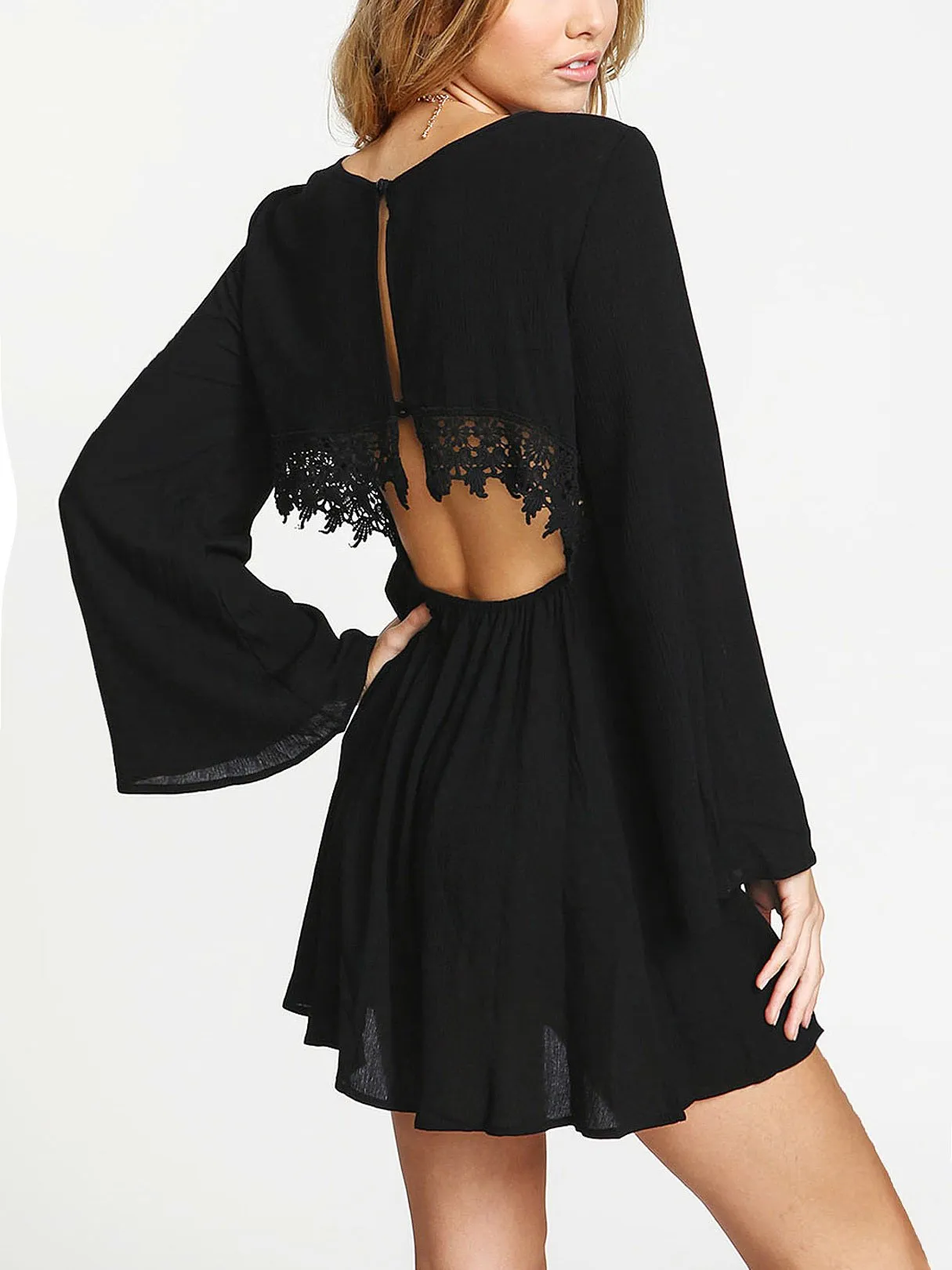 Wholesale Black Round Neck Long Sleeve Plain Lace Backless Mini Dress