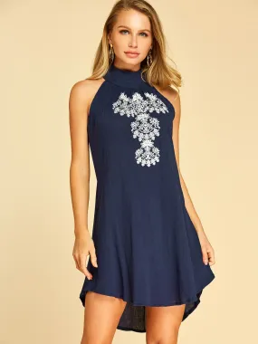 Wholesale Navy Halter Sleeveless Printed High-Low Hem Mini Dresses