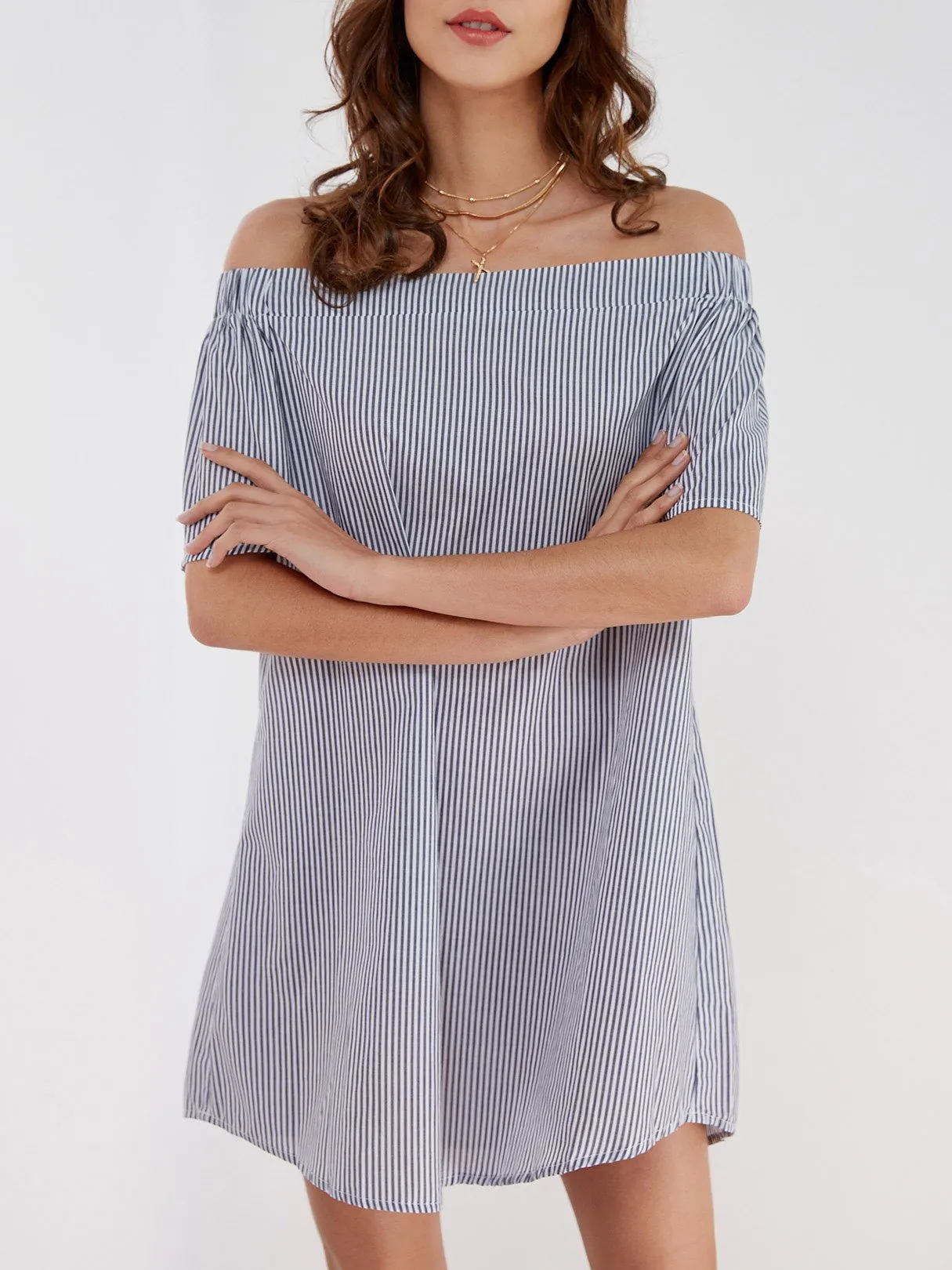 Wholesale Navy Off The Shoulder Short Sleeve Stripe Mini Dresses