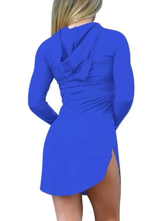 Wholesale Pullover Plain Side Pockets Long Sleeve Curved Hem Blue Mini Dress