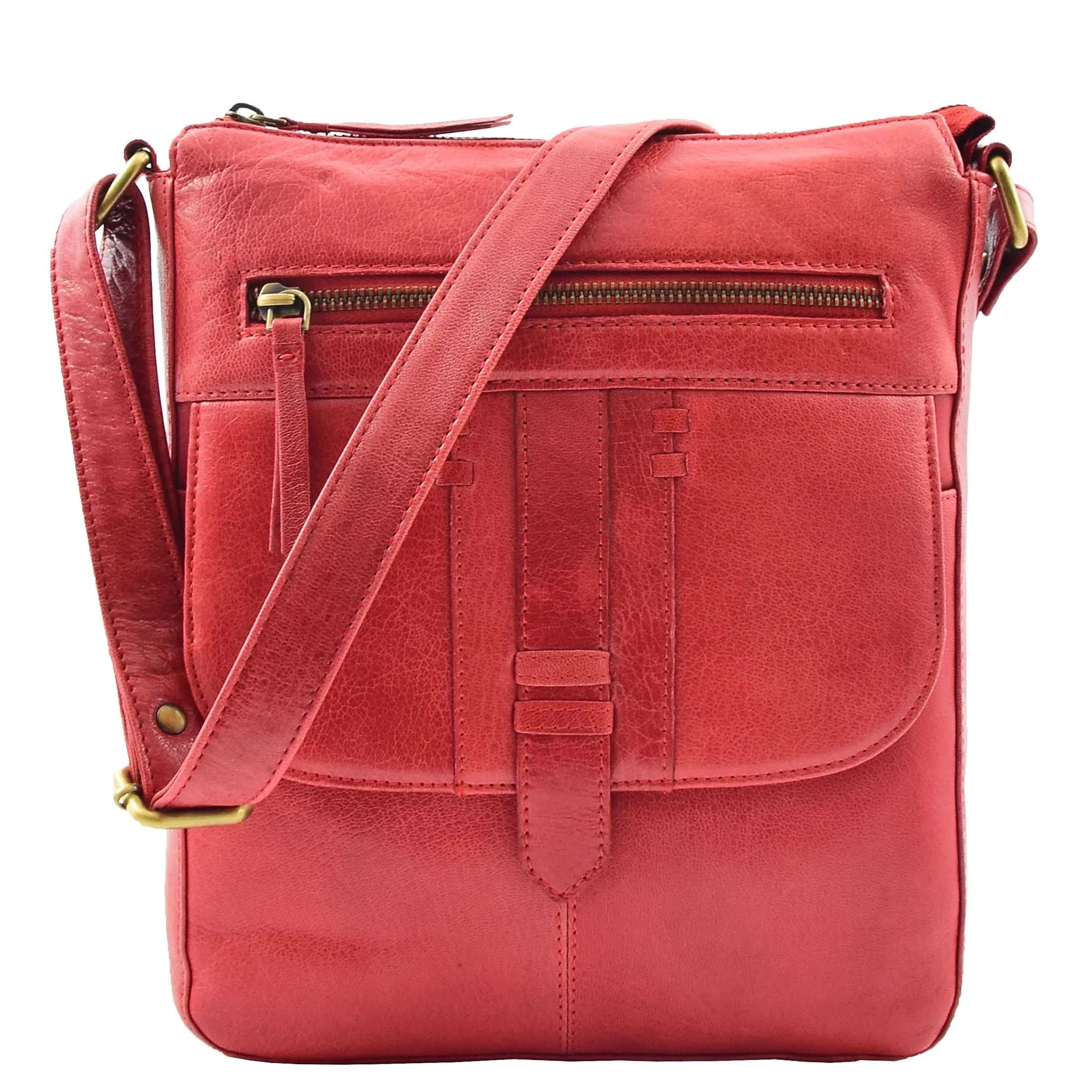 Womens Leather Cross Body Messenger Bag HOL360 Red